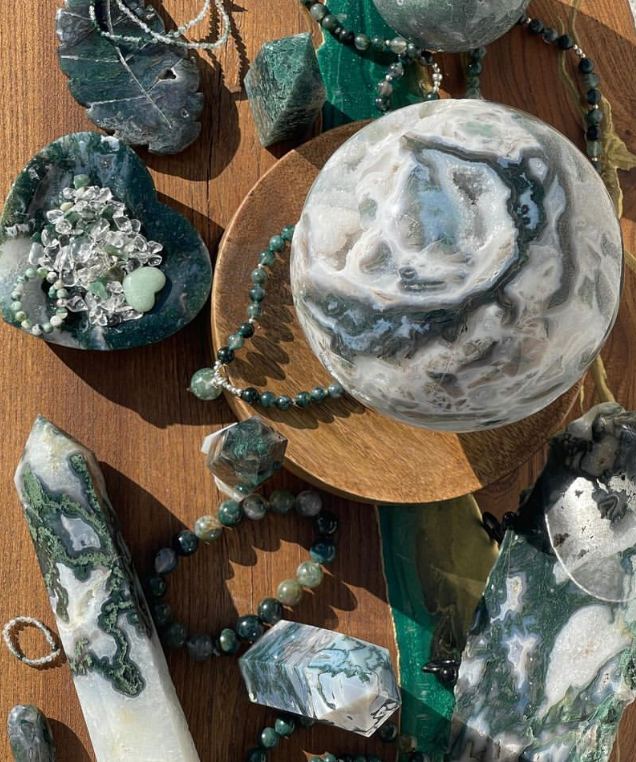 Moss agate sphere and tower