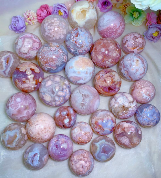 Pink amethyst flower agate sphere with druzy