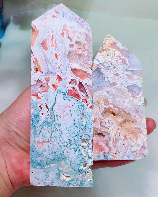 Pink amethyst with moss agate tower