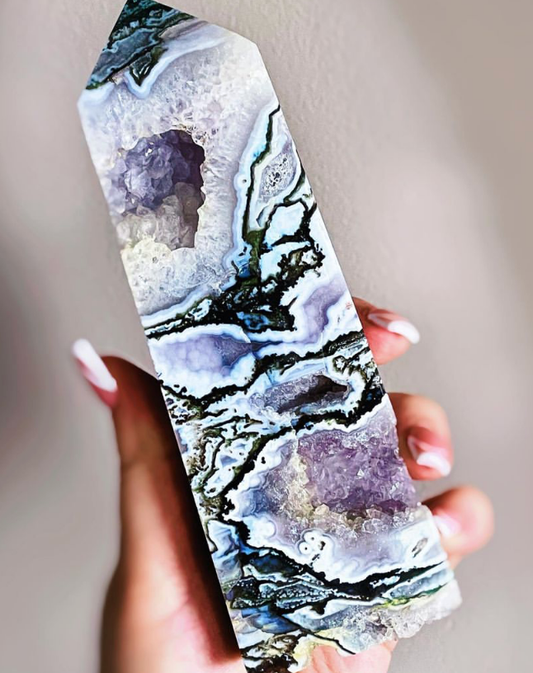 Amethyst with moss agate tower